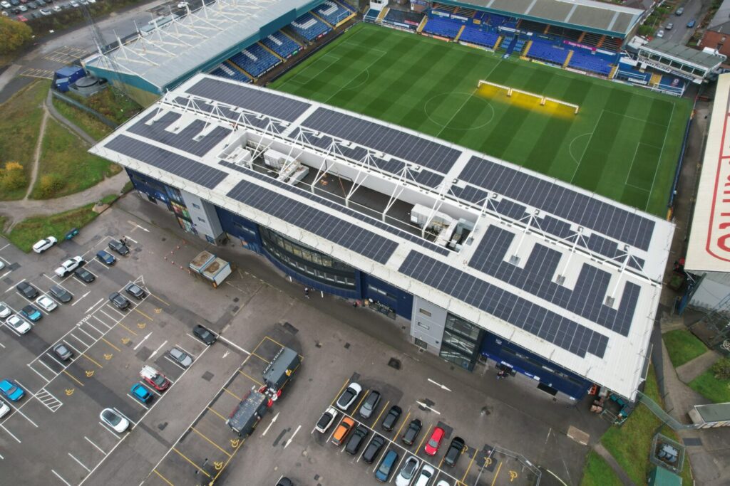 An aerial view of the Joe Royle stand at Oldham Athletic Football Club.