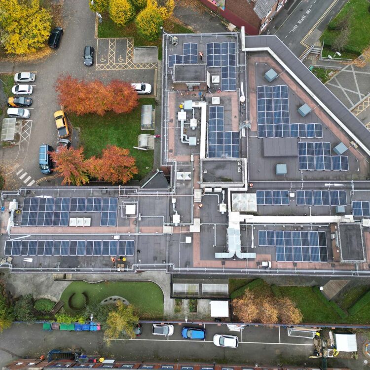 The solar panel array on the roof of Salford Gateway.